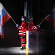 MONTREAL, CANADA - JANUARY 5: Team Russia flag bearer awaits the arrival of the Russia players prior to bronze medal game action against Sweden at the 2017 IIHF World Junior Championship. (Photo by Andre Ringuette/HHOF-IIHF Images)

